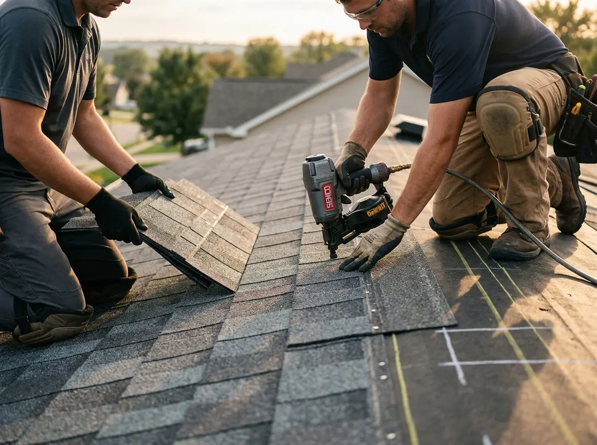 Professional roofer working on a residential roof in Peculiar